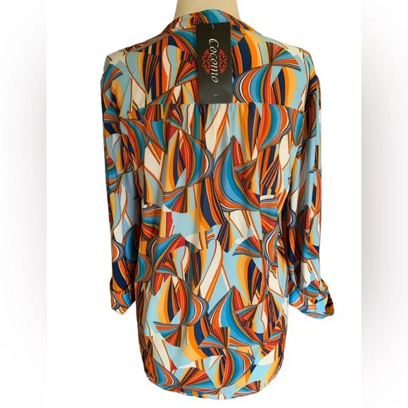 COCOMO XL 3/4 sleeve blue orange multicolored women’s pintuck Blouse top… - Picture 2 of 14